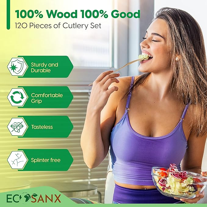ECOSANX® 120 PCs Disposable Wooden Cutlery set 6.5" Splinter Free Compostable - Image 3