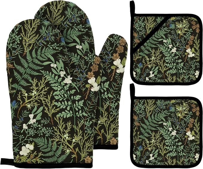 Botanical Print Floral Oven Mitts and Pot Holders Sets Black Sage Green Leaves by Imvertu
