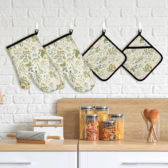 Vintage Wild Floral Oven Mitts and Pot Holders Sets Green Botanical Butterfly - Image 6