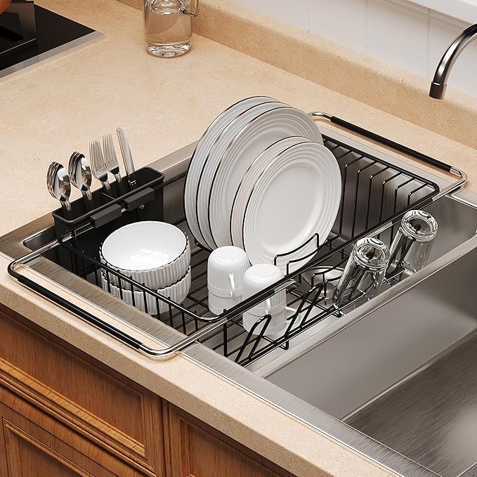 Over the Sink Expandable Dish Drainer Drying Rack In Stainless Steel by Romision