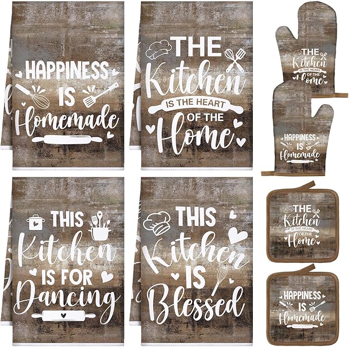 Leinuosen 8 Pcs Kitchen Towels and Oven Mitts Sets Pot Holders Dishcloths Set by Leinuosen