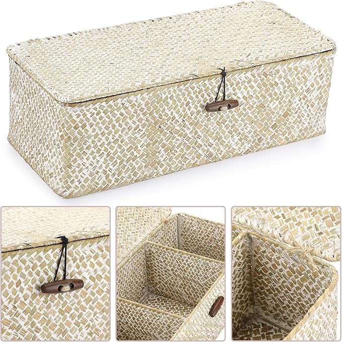 Hipiwe Seagrass Storage Basket Bin 3 Sections Hand-Woven Wicker Baskets - Image 5