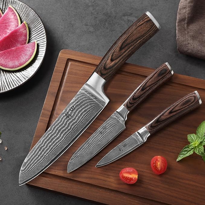 Wakoli EDIB 3-Piece Damascus Kitchen Knife Set in Wooden Gift Box, Razor Sharp - Image 2