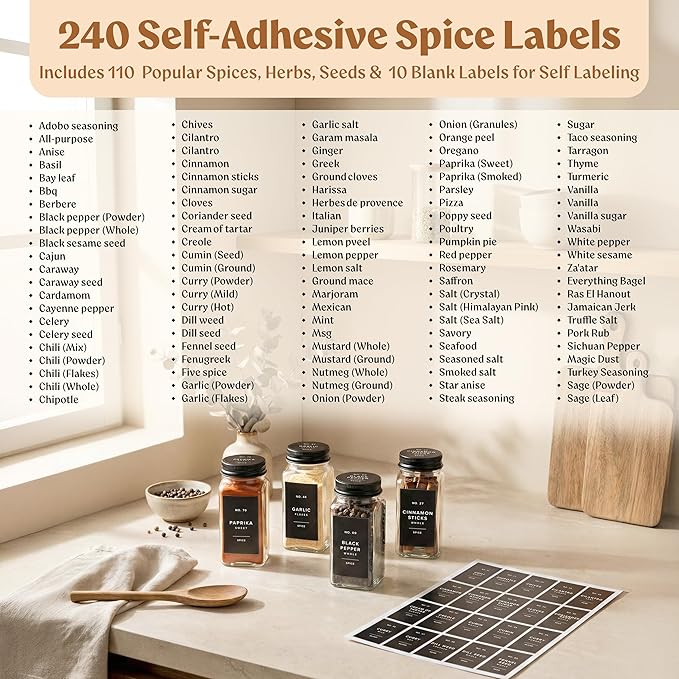 EDELHAUS Glass Spice Jars with Label and Black Aluminium Lids Spice Containers - Image 6