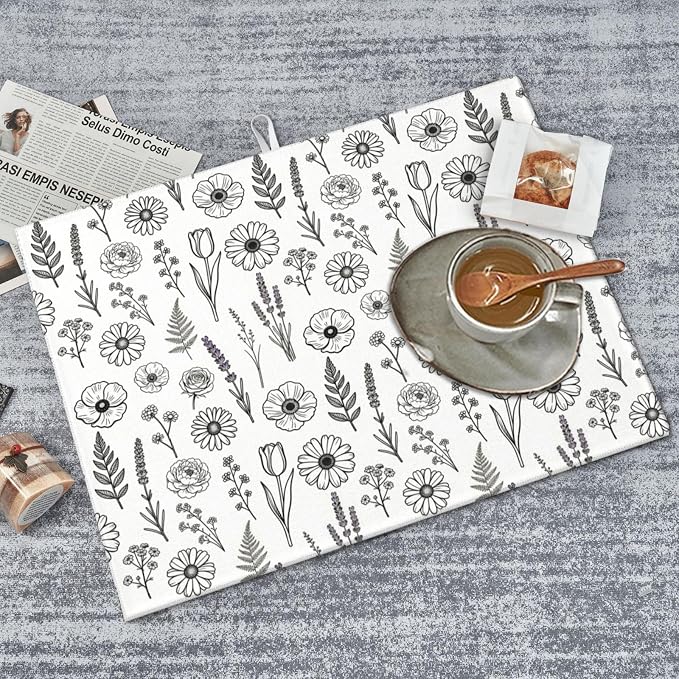 Black and White Floral Aesthetics Dish Drying Mat, - Image 5