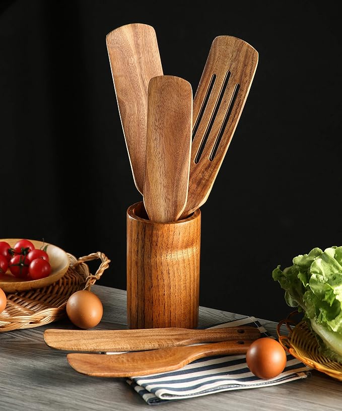Wooden Spurtles Set with Holder, Natural Teak Kitchen Utensil Set of 6 - Image 3