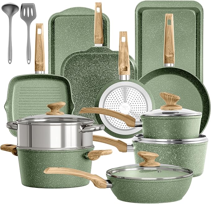 17 Piece Pots and Pans Set Non Stick, Nonstick Induction Granite Kitchen by DishDelight