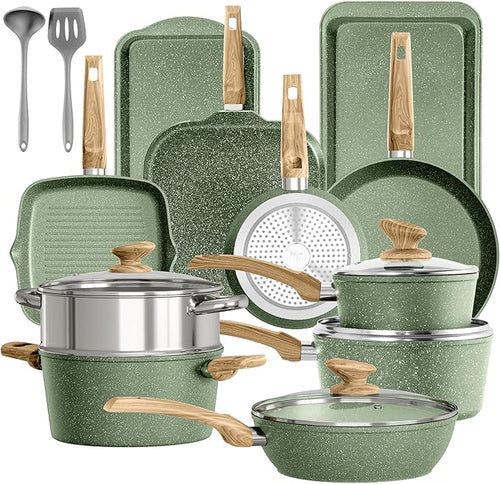 17 Piece Pots and Pans Set Non Stick, Nonstick Induction Granite Kitchen by DishDelight