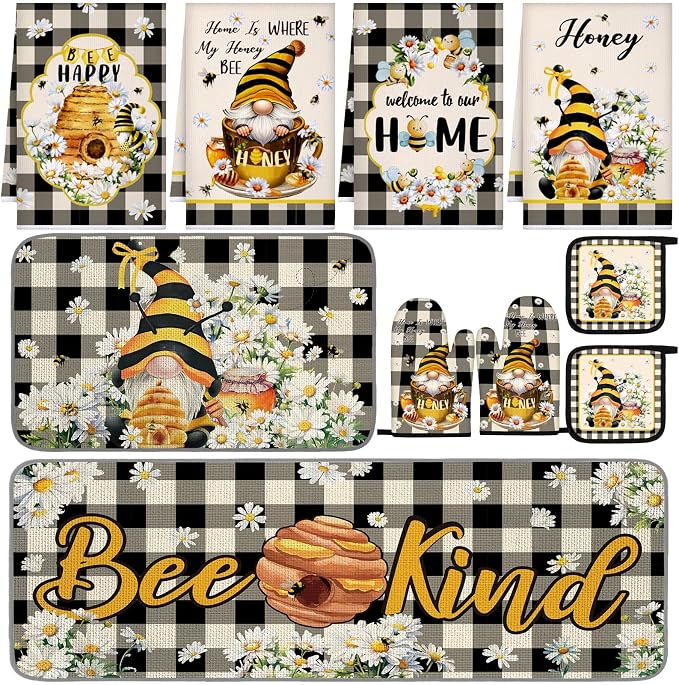 Fourluoo 10 Pcs Bee Kitchen Decor Set 4 Kitchen Towels 2 Pot Holders 2 Oven by Fourluoo