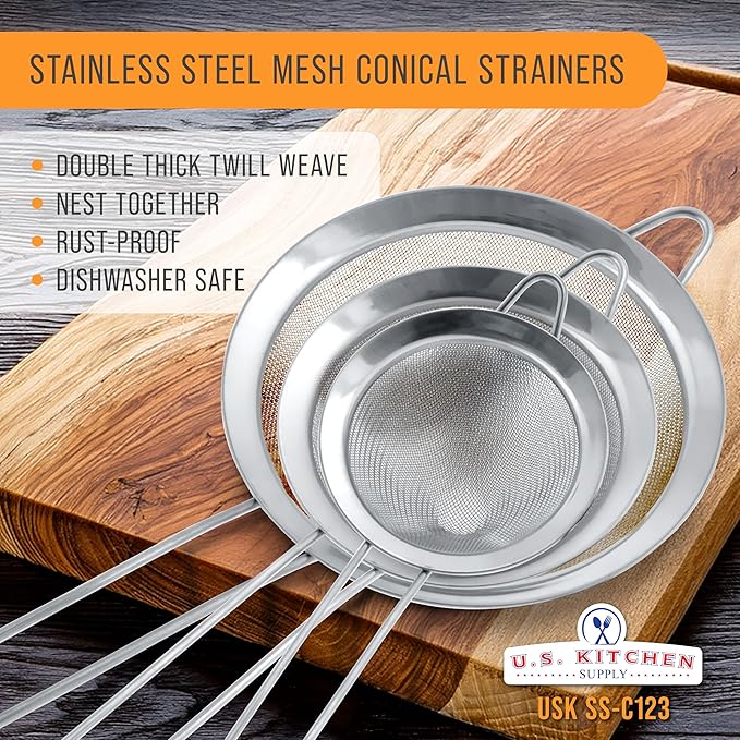 U.S. Kitchen Supply Set of 3 Stainless Steel Conical Strainers - Image 2