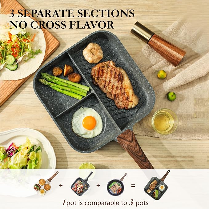 Sensarte Nonstick 11-Inch Square Grill Pan, 3-Section Versatile Breakfast - Image 2