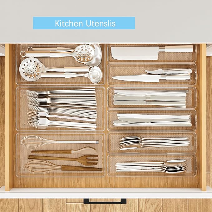 3 Pack Clear Plastic Drawer Organizer Tray Cutlery Utensil Makeups Drawer - Image 2