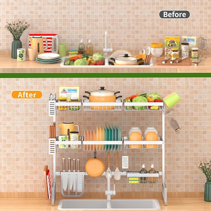 PUSDON Over Sink Dish Drying Rack Stainless Steel, Adjustable Large Dish Drainer - Image 2