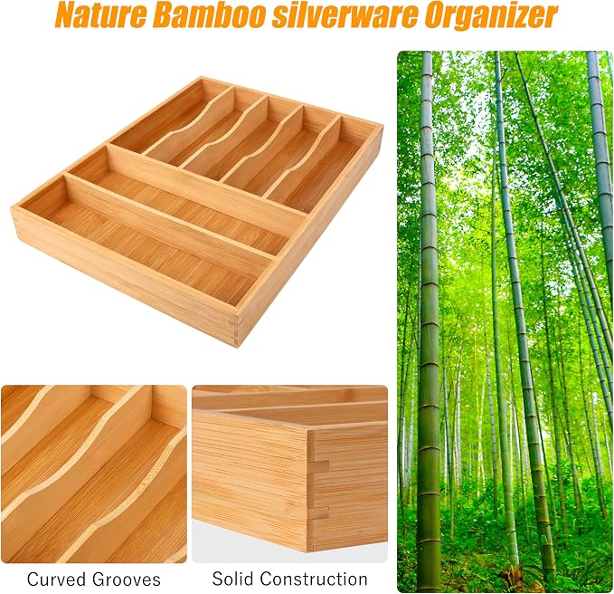 Bellsal Bamboo Silverware Drawer Organizer, Kitchen Utensil Drawer Organizers - Image 5