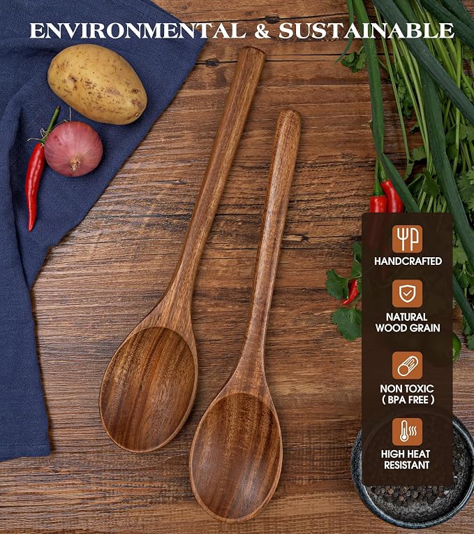 2PCS Wooden Spoons for Cooking, Natural Acacia Wood Cooking Spoons, Large - Image 5