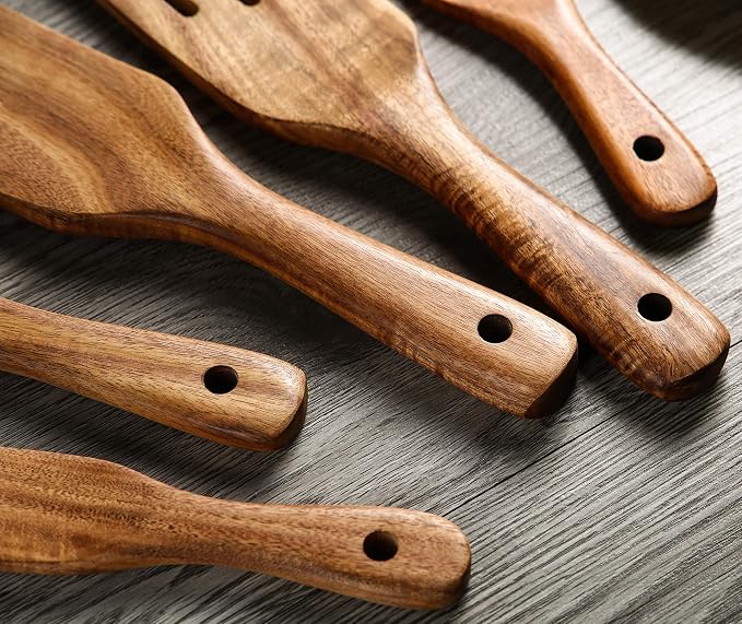 Wooden Spurtles Set with Holder, Natural Teak Kitchen Utensil Set of 6 - Image 5