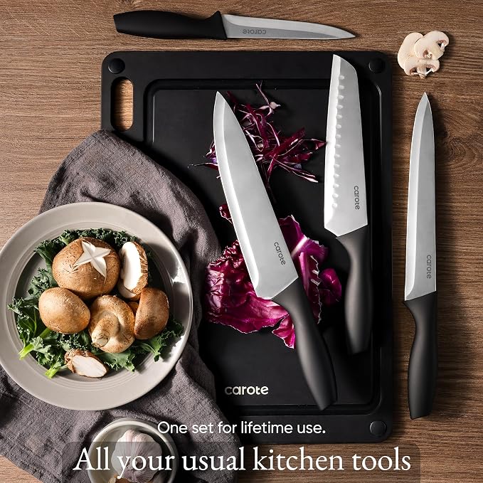 CAROTE Knife Set, Rustproof Stainless Steel 5 Kitchen Knife Set, Plain Black - Image 7