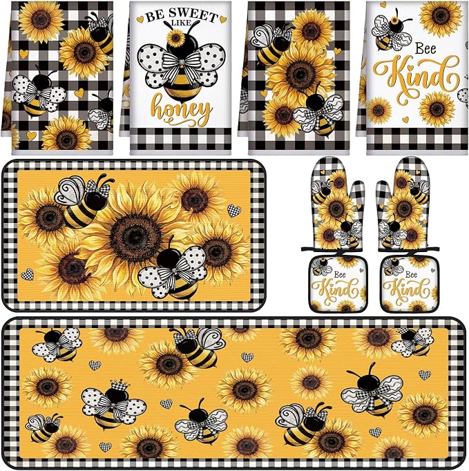 Fourluoo 10 Pcs Bee Kitchen Decor Set Kitchen Towels Rugs Oven Mitts and Pot by Fourluoo