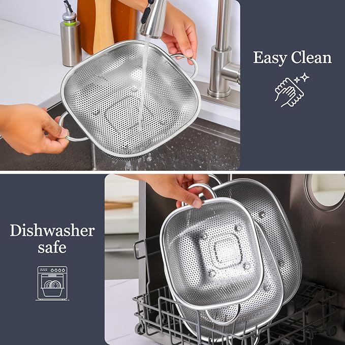 E-far 3 Pack Colander for Kitchen, Square Stainless Steel Metal Strainer - Image 6