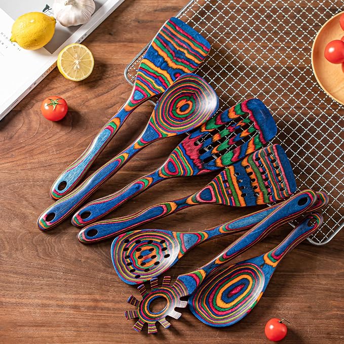 Gudamaye Pakka wood 7-Piece Blue Wooden Cooking Utensils, Wooden Spoons - Image 2