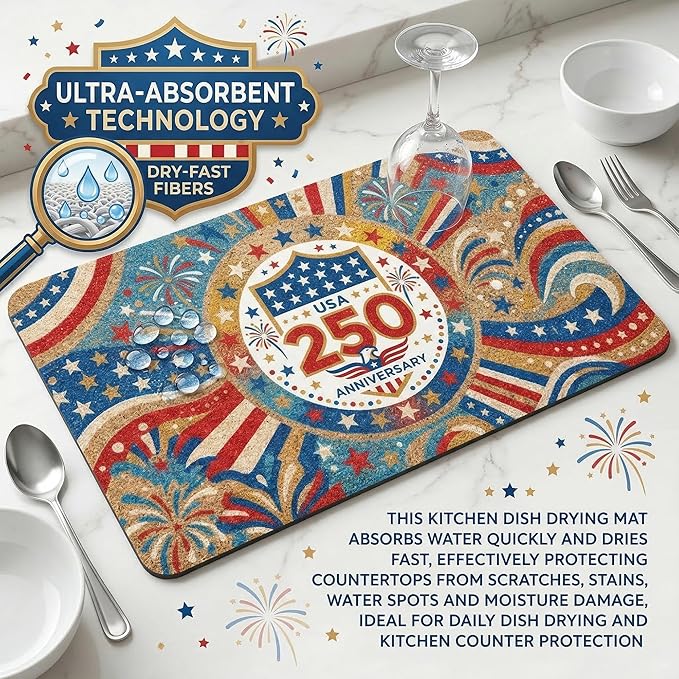 250th Anniversary USA Patriotic Dish Drying Mat 12x20 Absorbent Non-Slip - Image 6