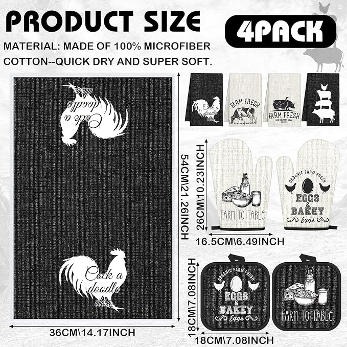 VitalCozy 8 Pcs Farm Animal Theme Kitchen Towels Pot Holders and Oven Mitt Set - Image 2