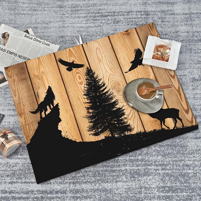 Retro Rustic Wolf Deer Forest Brown Wood Dish Drying Mat - Image 6