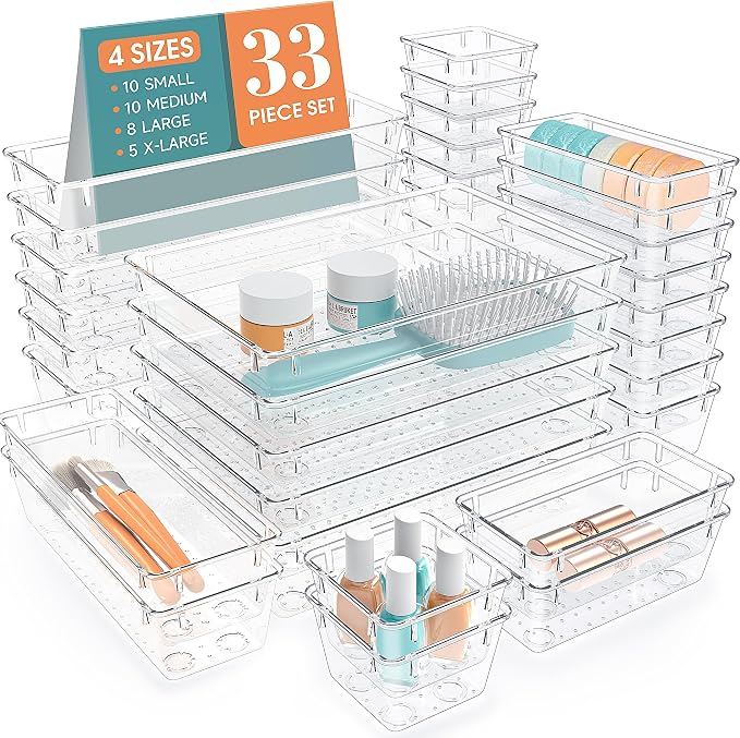 StorMiracle 33 PCS Clear Plastic Drawer Organizers Set, 4 Size Desk Drawer by StorMiracle