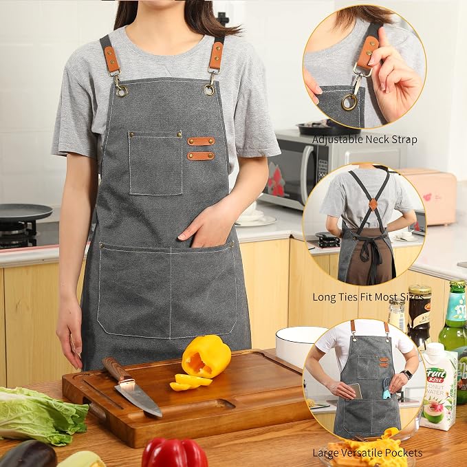 Tosewever Canvas Cross Back Chef Cotton Aprons - Image 3