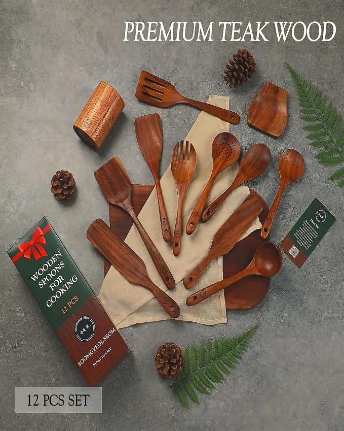 12-Piece Natural Teak Wood Utensil Set - Image 2