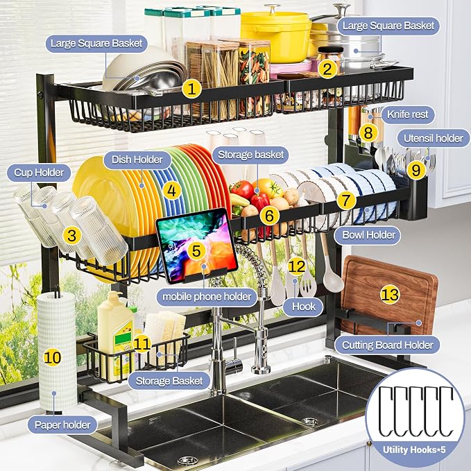 ADBIU Over The Sink Dish Drying Rack Snap-On Design 2 Tier Large Dish Rack - Image 7