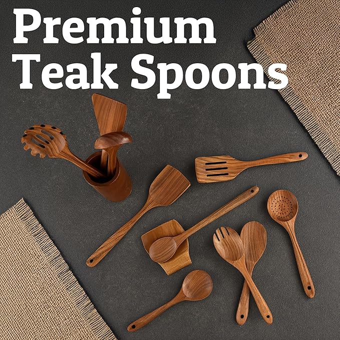 PriorityChef Wooden Spoons for Cooking, Premium 8pc Teak Wood Utensil Set - Image 8