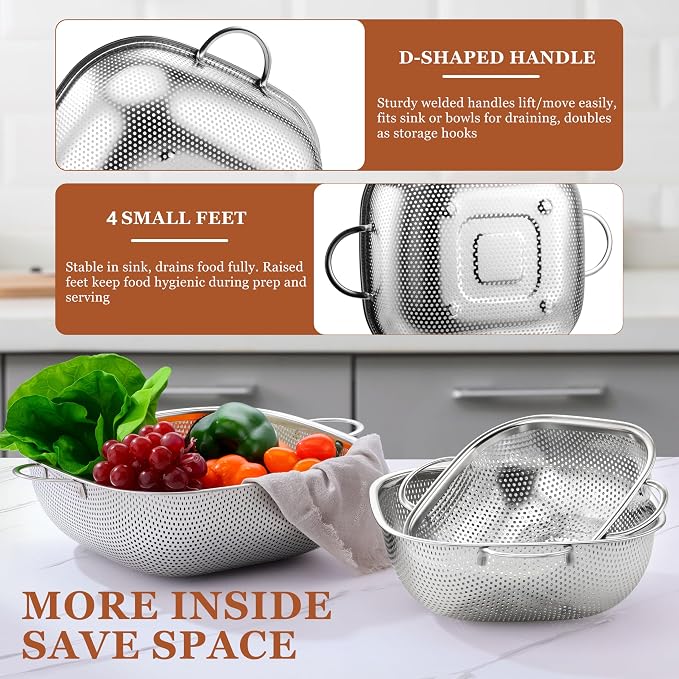 E-far 4QT Square Stainless Steel Colander - Image 6