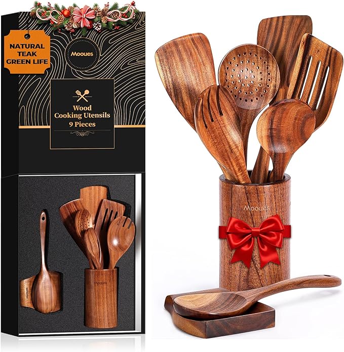 Mooues Wooden Spoons for Cooking, Wooden Utensils for Cooking Natural Teak by Mooues