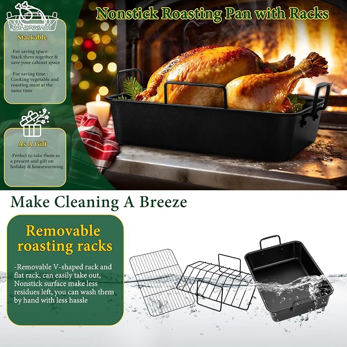 E-far Roasting Pan with Racks, Small Stainless Steel Turkey Roaster with - Image 7