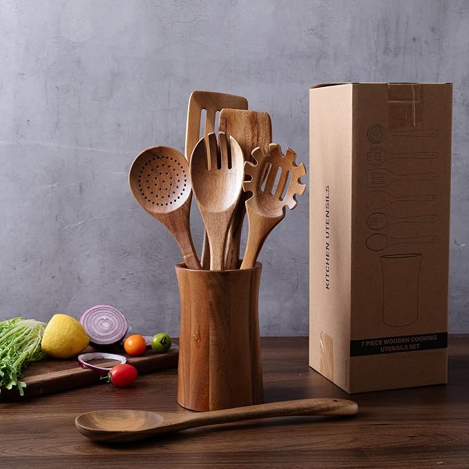 7 Piece Natural Acacia Wooden Kitchen Utensil Set - Image 3