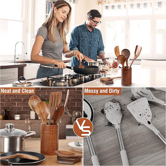 Mooues Wooden Spoons for Cooking, Wooden Utensils for Cooking Natural Teak - Image 6