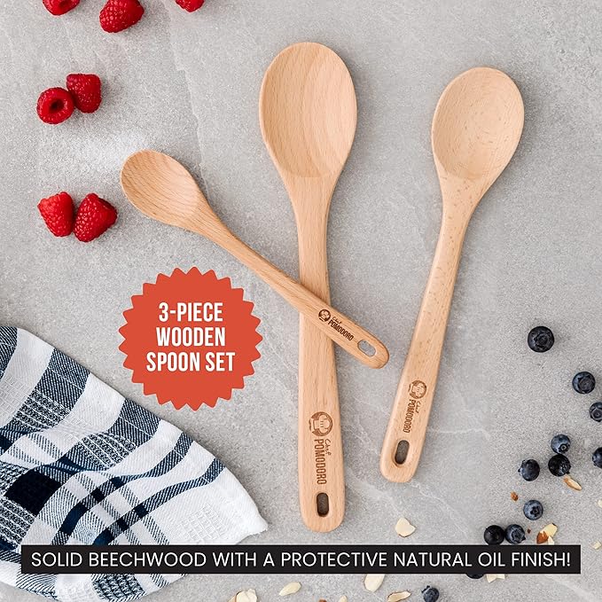 Chef Pomodoro Wooden Spoons for Cooking 3-Piece Set, Solid Beechwood Cooking - Image 3