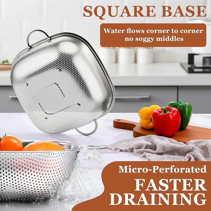 E-far 4QT Square Stainless Steel Colander - Image 3