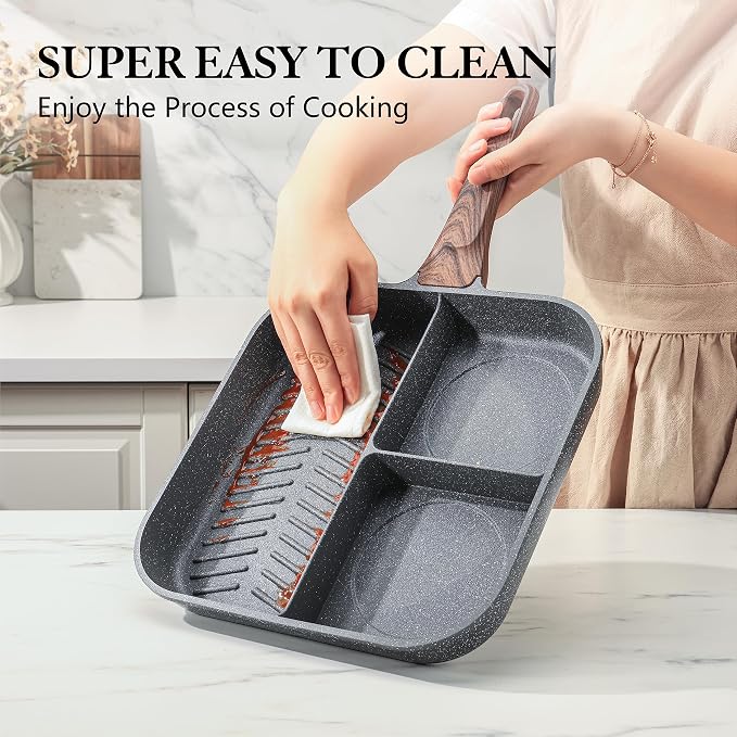 Sensarte Nonstick 11-Inch Square Grill Pan, 3-Section Versatile Breakfast - Image 6