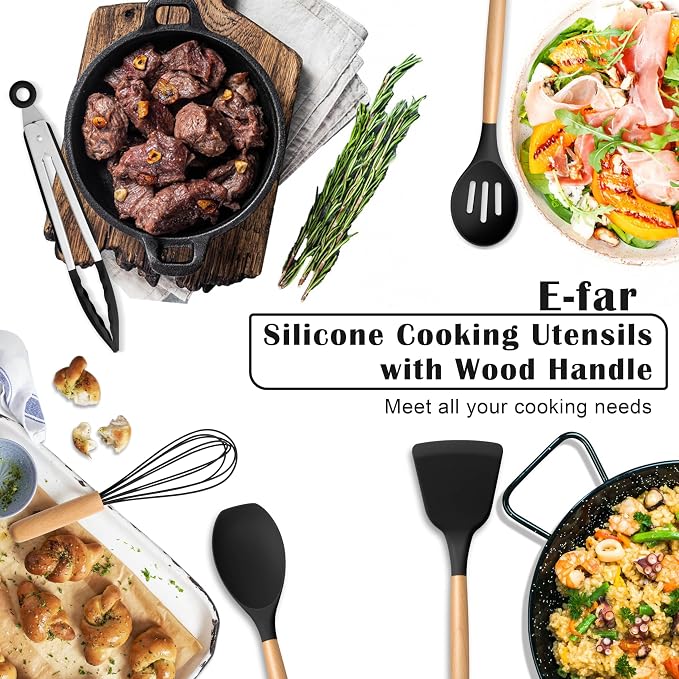E-far Silicone Cooking Utensils Set, 10-Piece Black Kitchen Utensils Set - Image 7