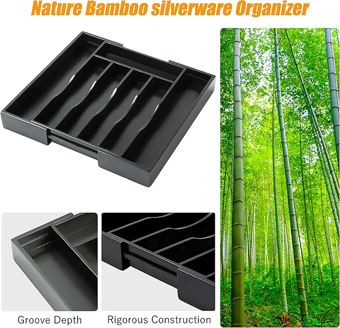Bellsal Black Silverware Organizer Kitchen Drawer Organizer Expandable Bamboo - Image 6
