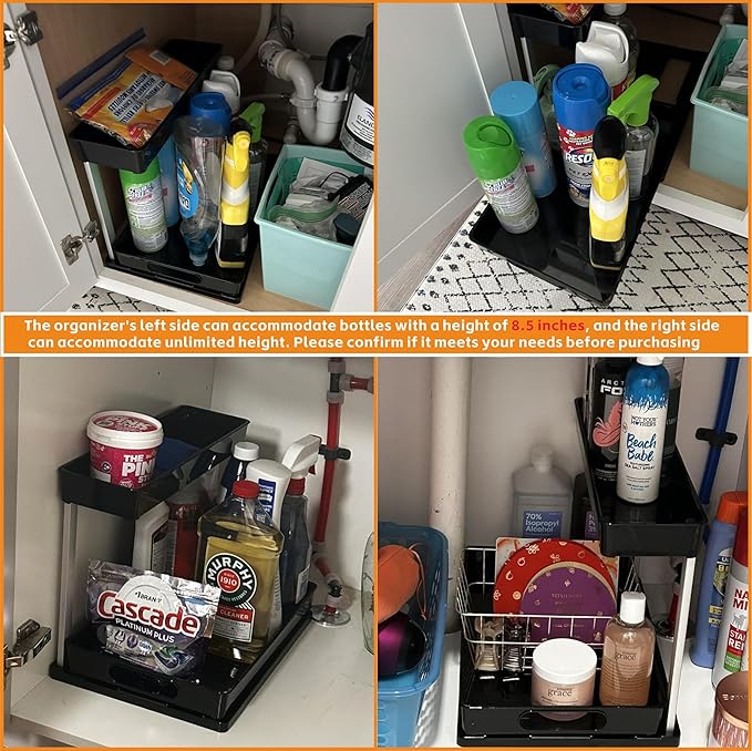 Yieach 2 Pack 10.8″ High Pull Out Under Sink Organizer, 14.5″ Deep 2 Tier Slide - Image 5