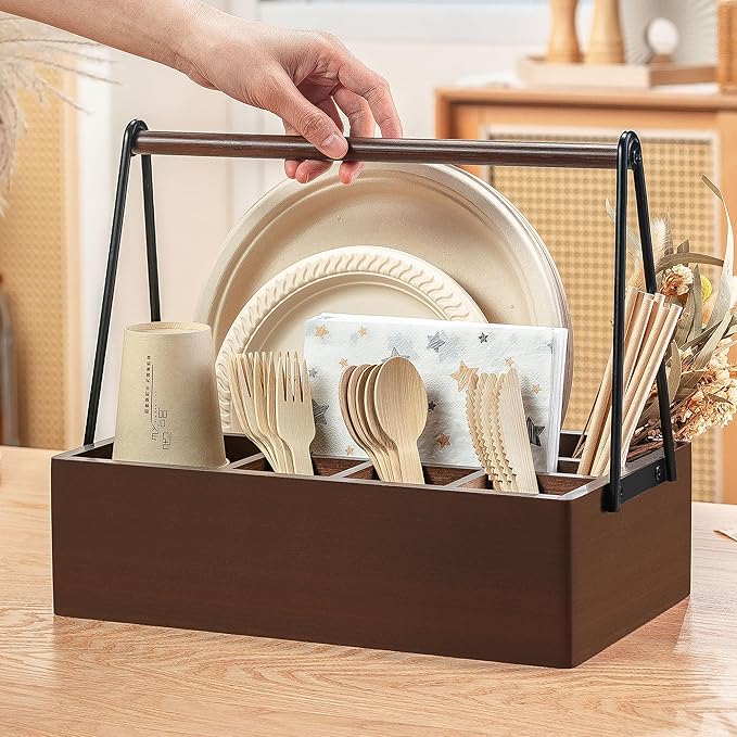 PTSTING Silverware Caddy with Handle Acacia Wood Utensil Holder Paper Plate - Image 2