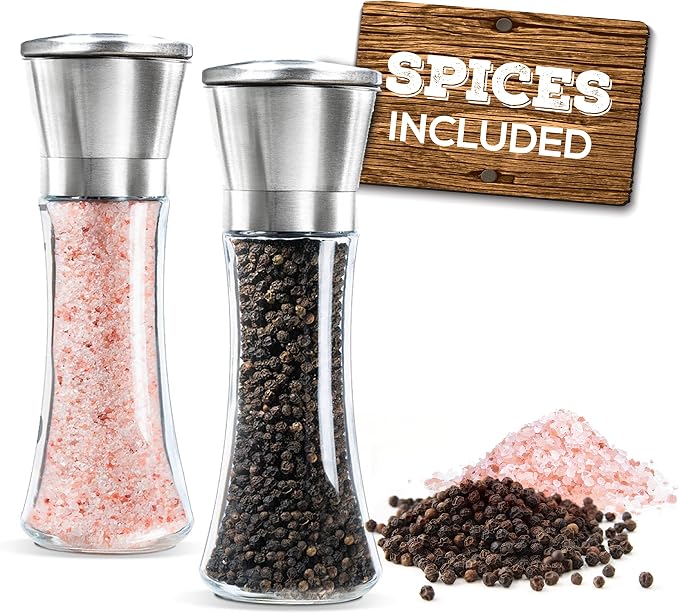 Prefilled Stainless Steel Salt and Pepper Grinder Two Piece Set by Mason+Mills