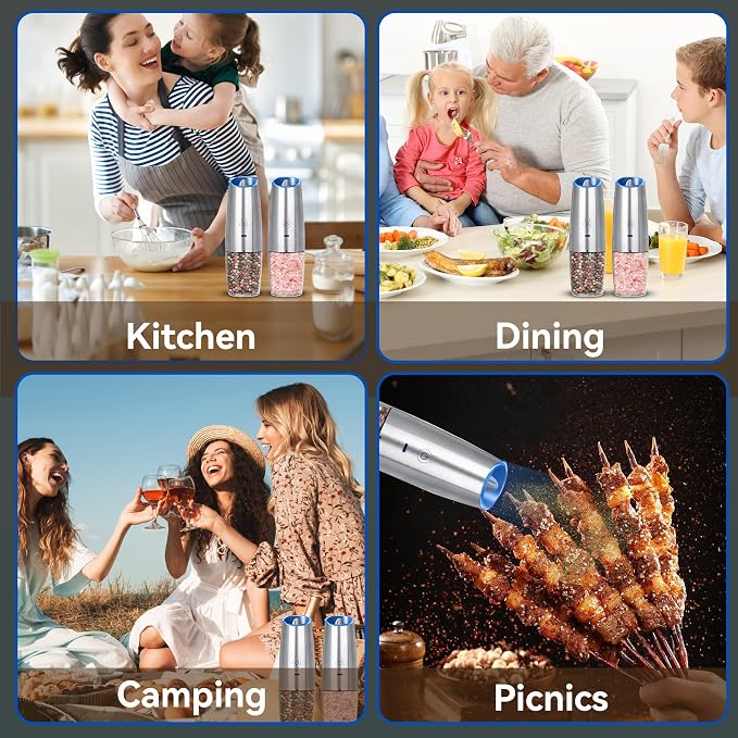 UNNEES Rechargeable Electric Salt and Pepper Grinder set of 2, gravity electric - Image 7