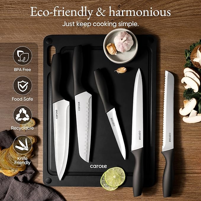 CAROTE Knife Set, Rustproof Stainless Steel 5 Kitchen Knife Set, Plain Black - Image 6