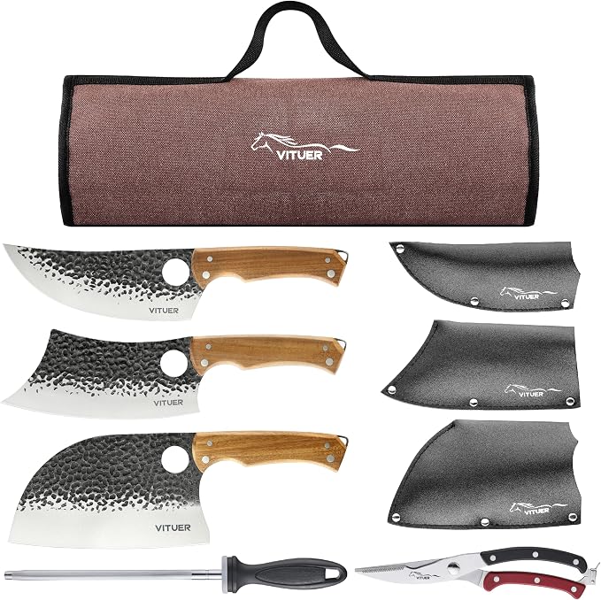9 PCS Butcher Viking Camping Knife Set, 6.5" Viking Knife, 3 Knife Sheath by VITUER