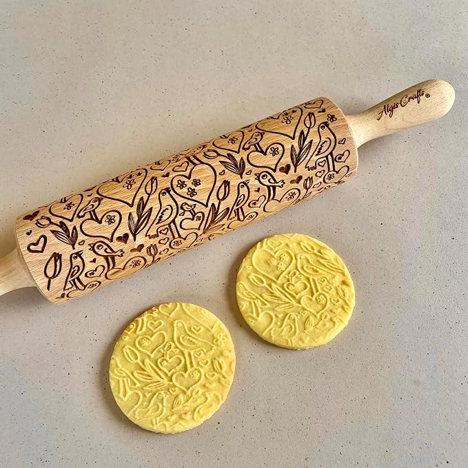 LOVE BIRDS Embossing Rolling Pin – Laser Engraved Dough Roller - Image 3