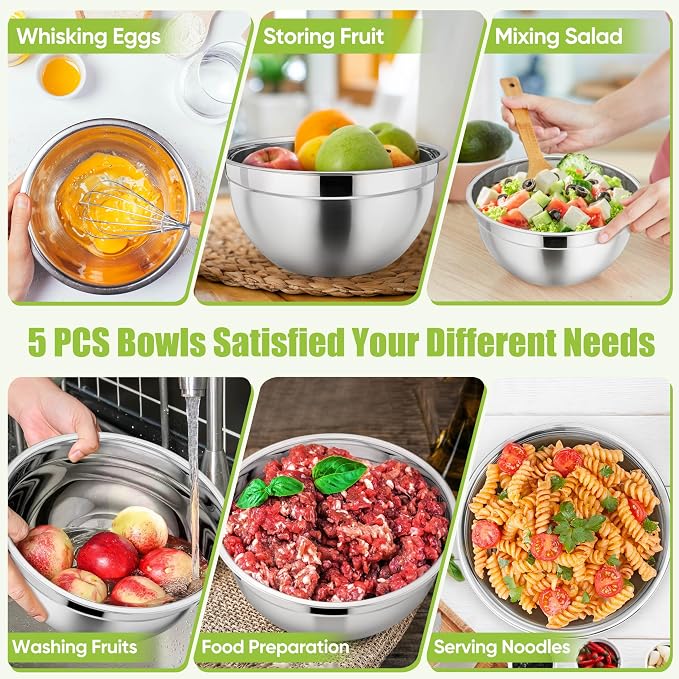 P&P CHEF Mixing Bowls with Airtight Lids Set of 5, 10-Piece Stainless Steel - Image 5